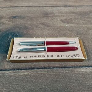 Vintage Parker 21 Fountain Pen and Pencil Set Burgundy Red Silver Cap with Box